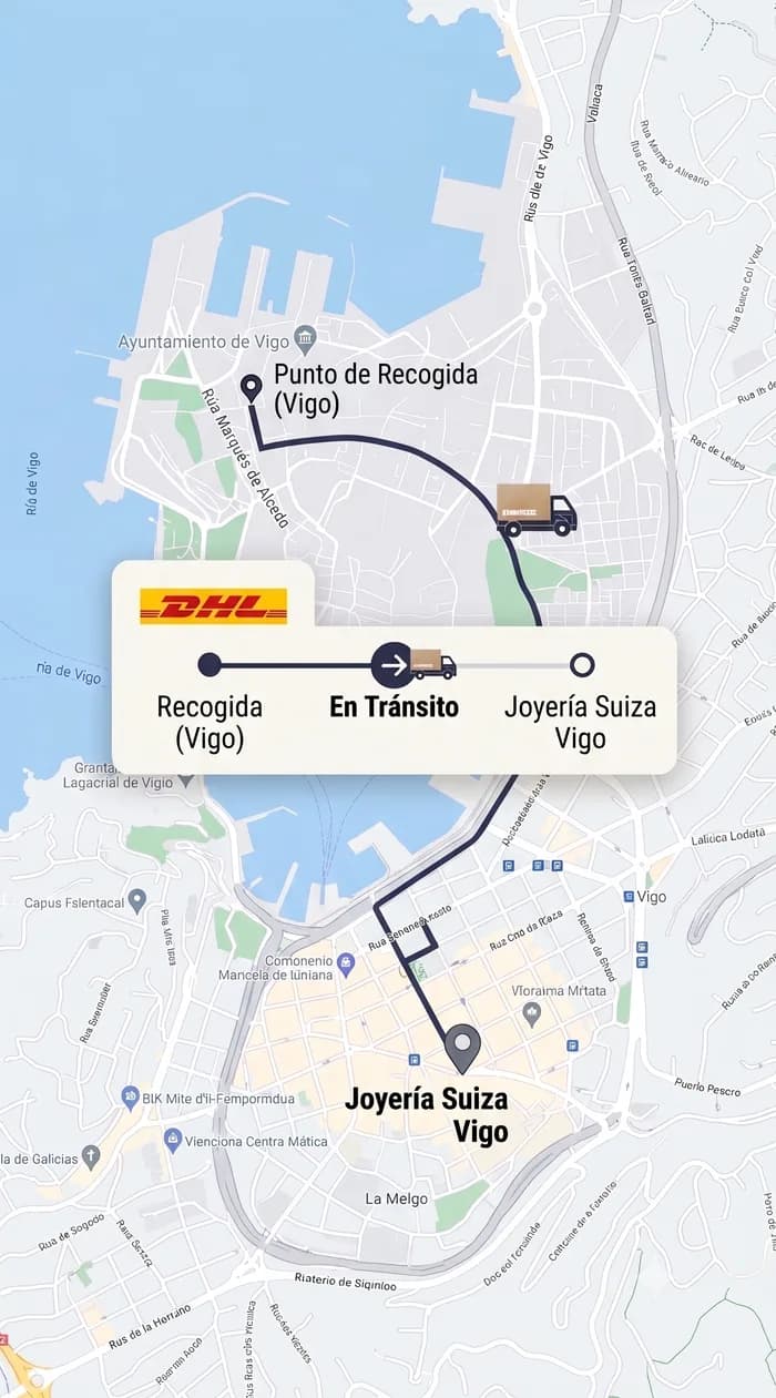 Mapa de seguimiento DHL desde el punto de recogida hasta el taller en Vigo